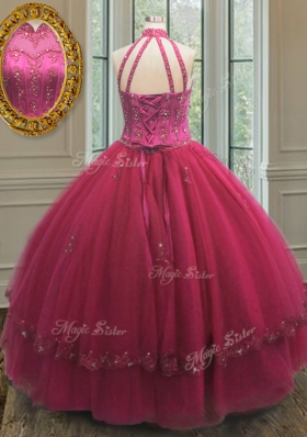 Inexpensive Hot Pink Tulle Lace Up Halter Top Sleeveless Floor Length Sweet 16 Dresses Beading and Appliques