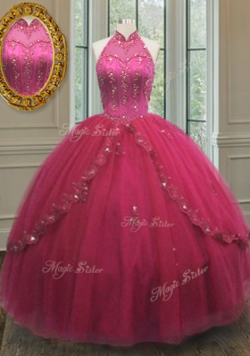 Inexpensive Hot Pink Tulle Lace Up Halter Top Sleeveless Floor Length Sweet 16 Dresses Beading and Appliques