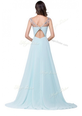 Light Blue Column/Sheath Scoop Sleeveless Chiffon With Brush Train Zipper Beading