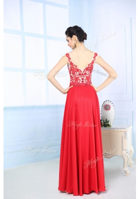 Lovely Coral Red Chiffon Zipper V Neck Sleeveless Floor Length Prom Evening Gown Lace