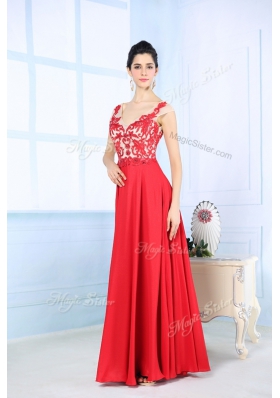 Lovely Coral Red Chiffon Zipper V Neck Sleeveless Floor Length Prom Evening Gown Lace