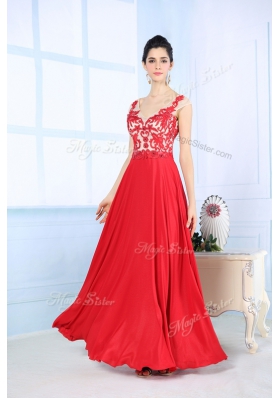 Lovely Coral Red Chiffon Zipper V Neck Sleeveless Floor Length Prom Evening Gown Lace