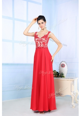 Lovely Coral Red Chiffon Zipper V Neck Sleeveless Floor Length Prom Evening Gown Lace