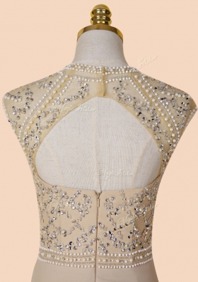 New Arrival Champagne Chiffon Backless Scoop Sleeveless With Train Prom Evening Gown Brush Train Beading