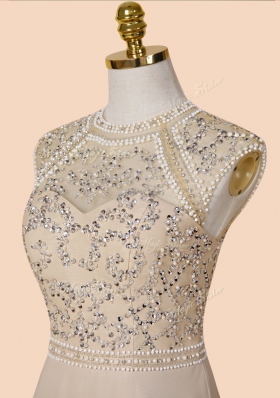 New Arrival Champagne Chiffon Backless Scoop Sleeveless With Train Prom Evening Gown Brush Train Beading