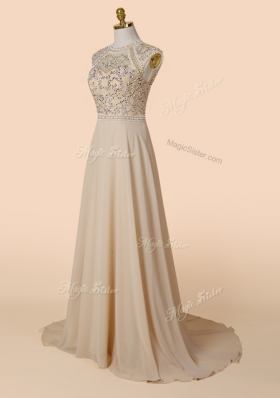 New Arrival Champagne Chiffon Backless Scoop Sleeveless With Train Prom Evening Gown Brush Train Beading