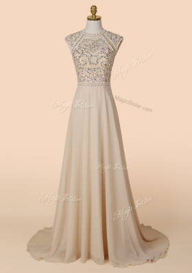 New Arrival Champagne Chiffon Backless Scoop Sleeveless With Train Prom Evening Gown Brush Train Beading