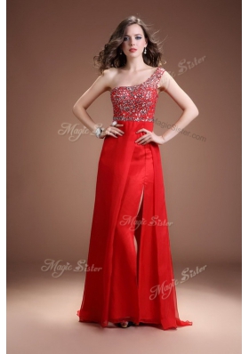 One Shoulder Red Sleeveless Beading Floor Length Prom Dress