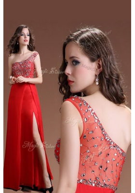 One Shoulder Red Sleeveless Beading Floor Length Prom Dress