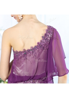 Perfect Purple Chiffon Side Zipper One Shoulder Half Sleeves Floor Length Beading