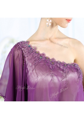 Perfect Purple Chiffon Side Zipper One Shoulder Half Sleeves Floor Length Beading