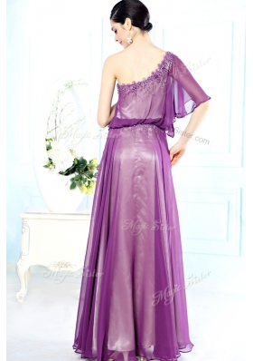 Perfect Purple Chiffon Side Zipper One Shoulder Half Sleeves Floor Length Beading