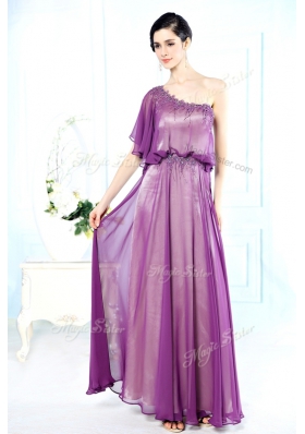 Perfect Purple Chiffon Side Zipper One Shoulder Half Sleeves Floor Length Beading