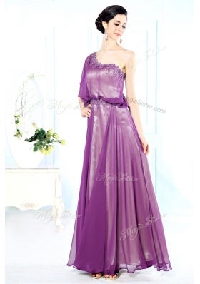 Perfect Purple Chiffon Side Zipper One Shoulder Half Sleeves Floor Length Beading