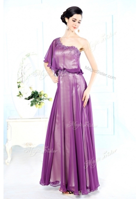 Perfect Purple Chiffon Side Zipper One Shoulder Half Sleeves Floor Length Beading