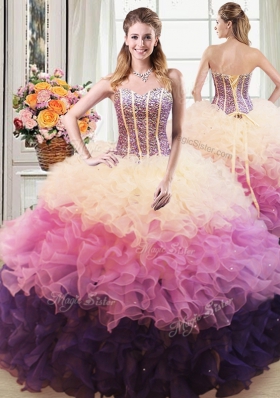 Pretty Four Piece Multi-color Sleeveless Floor Length Beading and Ruffles Lace Up Sweet 16 Dress