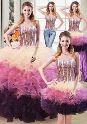Pretty Four Piece Multi-color Sleeveless Floor Length Beading and Ruffles Lace Up Sweet 16 Dress