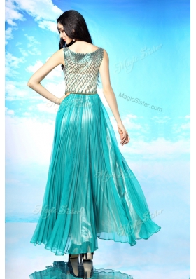 Pretty Turquoise Chiffon Side Zipper Scoop Sleeveless Floor Length Homecoming Dress Pleated