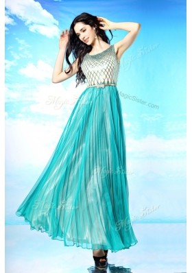 Pretty Turquoise Chiffon Side Zipper Scoop Sleeveless Floor Length Homecoming Dress Pleated