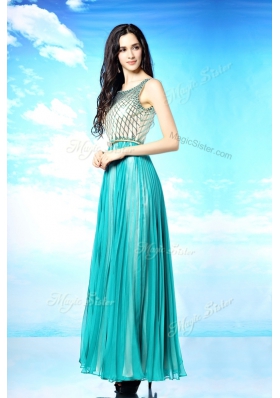 Pretty Turquoise Chiffon Side Zipper Scoop Sleeveless Floor Length Homecoming Dress Pleated