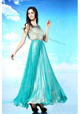 Pretty Turquoise Chiffon Side Zipper Scoop Sleeveless Floor Length Homecoming Dress Pleated