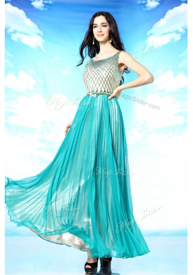 Pretty Turquoise Chiffon Side Zipper Scoop Sleeveless Floor Length Homecoming Dress Pleated