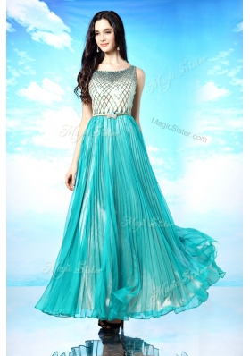 Pretty Turquoise Chiffon Side Zipper Scoop Sleeveless Floor Length Homecoming Dress Pleated