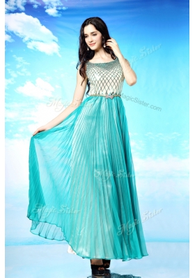 Pretty Turquoise Chiffon Side Zipper Scoop Sleeveless Floor Length Homecoming Dress Pleated