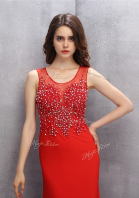 Red Mermaid Chiffon Scoop Sleeveless Beading and Sequins With Train Zipper Prom Dresses Brush Train