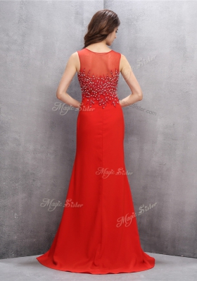 Red Mermaid Chiffon Scoop Sleeveless Beading and Sequins With Train Zipper Prom Dresses Brush Train