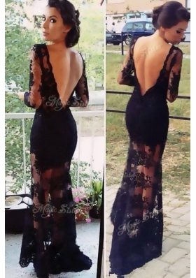 Scalloped Floor Length Backless Prom Dress Black and In for Prom and Party with Lace