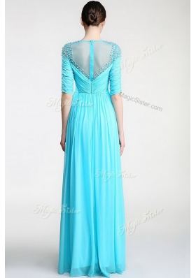 Scoop Aqua Blue Sleeveless Beading and Ruching Floor Length