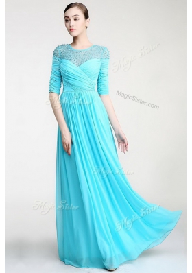 Scoop Aqua Blue Sleeveless Beading and Ruching Floor Length