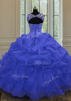 Scoop Pick Ups Floor Length Ball Gowns Sleeveless Blue Quinceanera Gowns Lace Up