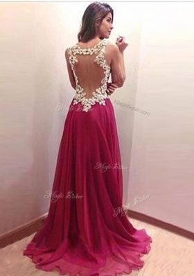 Straps Sleeveless Appliques Side Zipper Prom Gown with Burgundy Brush Train