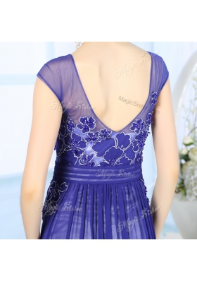 Scoop Sleeveless Chiffon Floor Length Zipper Prom Dresses in Blue for with Beading and Appliques