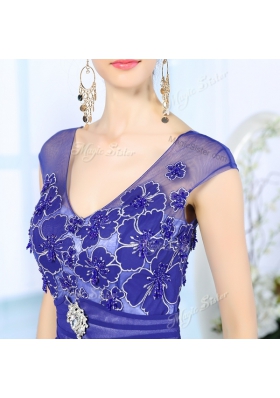 Scoop Sleeveless Chiffon Floor Length Zipper Prom Dresses in Blue for with Beading and Appliques