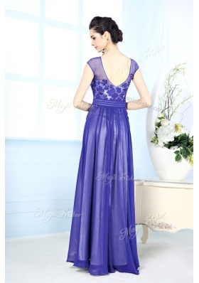 Scoop Sleeveless Chiffon Floor Length Zipper Prom Dresses in Blue for with Beading and Appliques