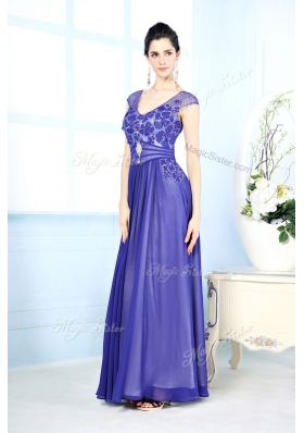 Scoop Sleeveless Chiffon Floor Length Zipper Prom Dresses in Blue for with Beading and Appliques