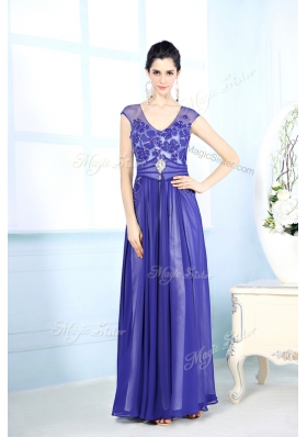 Scoop Sleeveless Chiffon Floor Length Zipper Prom Dresses in Blue for with Beading and Appliques