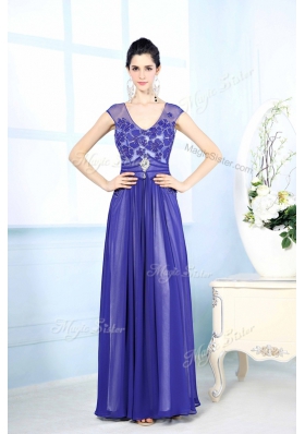 Scoop Sleeveless Chiffon Floor Length Zipper Prom Dresses in Blue for with Beading and Appliques