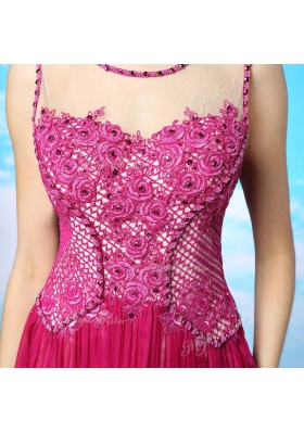 Scoop Sleeveless Floor Length Beading Fuchsia Chiffon