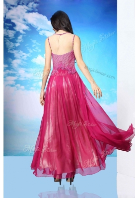 Scoop Sleeveless Floor Length Beading Fuchsia Chiffon