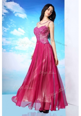 Scoop Sleeveless Floor Length Beading Fuchsia Chiffon