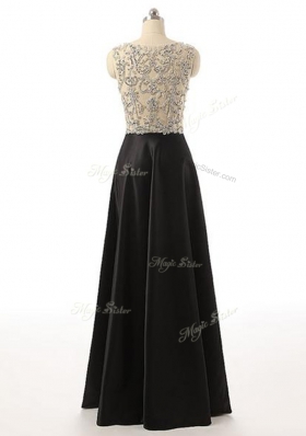Scoop Sleeveless Homecoming Dresses Floor Length Beading Black Satin