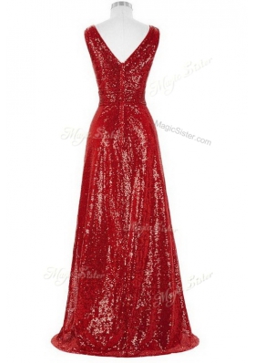 Sequins V-neck Sleeveless Brush Train Zipper Formal Dresses Red Sequined