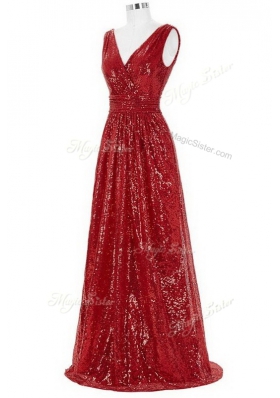 Sequins V-neck Sleeveless Brush Train Zipper Formal Dresses Red Sequined