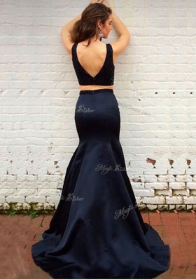 Sleeveless Elastic Woven Satin Brush Train Zipper Prom Party Dress in Black for with Ruching