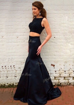 Sleeveless Elastic Woven Satin Brush Train Zipper Prom Party Dress in Black for with Ruching