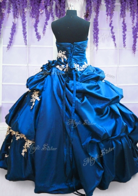 Sleeveless Floor Length Appliques and Pick Ups Lace Up Ball Gown Prom Dress with Royal Blue